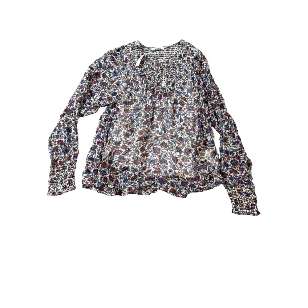 NWT Madewell Smocked Split Crewneck Top Cherry Red Blue Size Small Long Sleeve - Picture 3 of 9